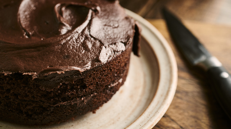 Chocolate cake on rustic plate