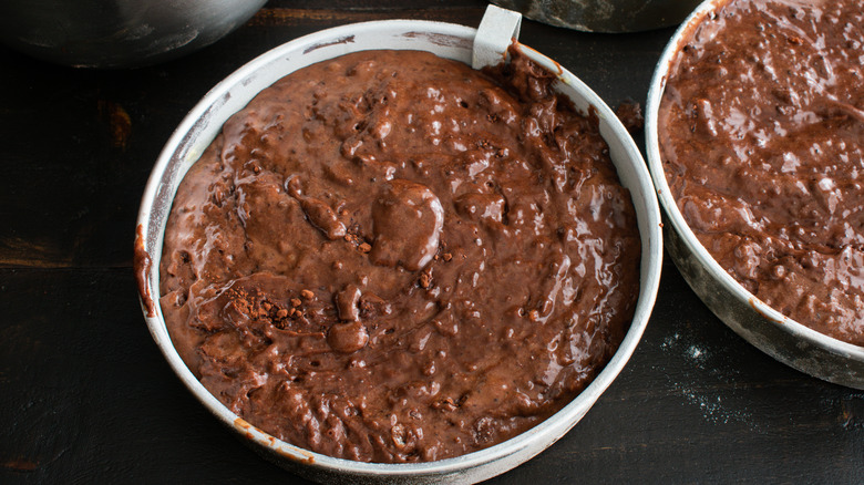 Cake batter in pans