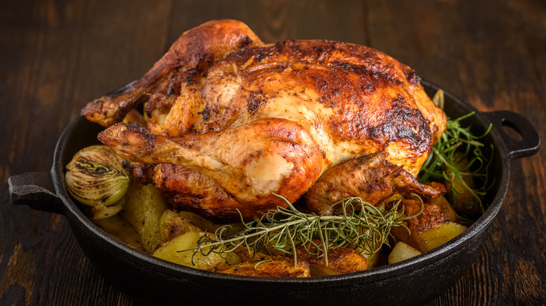 Roasted chicken in skillet