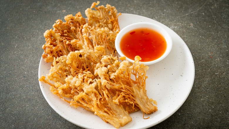 Deep-fried enoki mushrooms