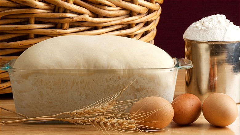 proofed bread dough in pan 