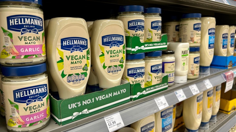 Hellmann's vegan mayonnaise on a store shelf 