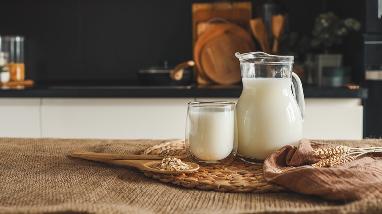 A pitcher of oat milk