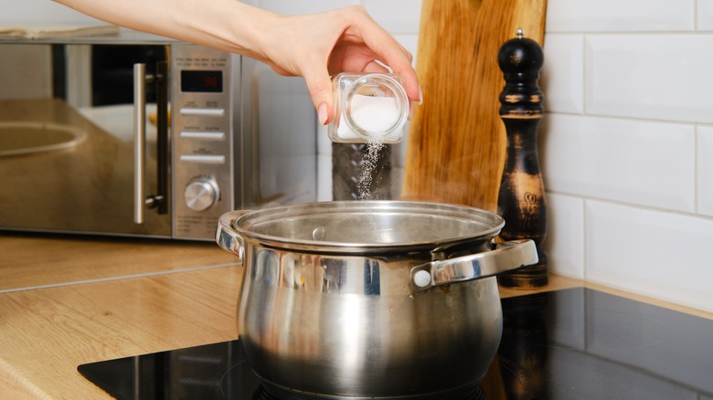 Woman adding a dash of salt to a metal pot