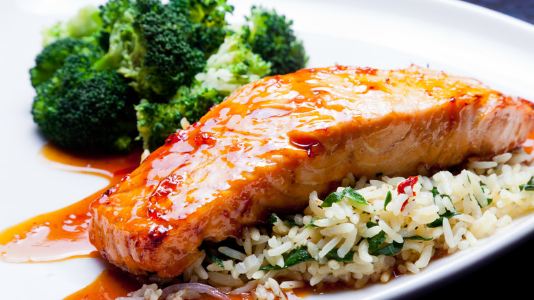 glazed salmon with rice and vegetables