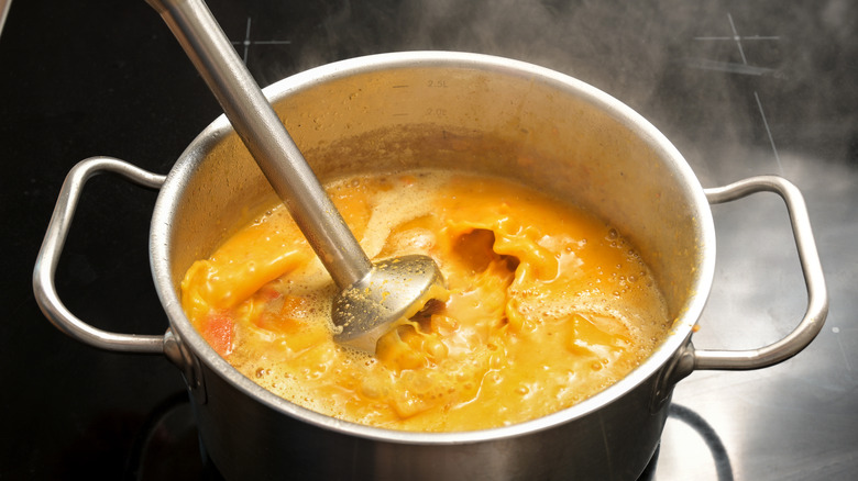 person using immersion blender in pot