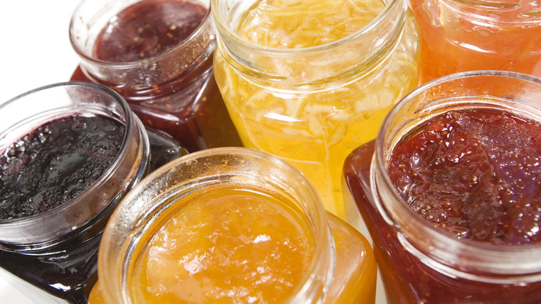 assortment of jams in jars