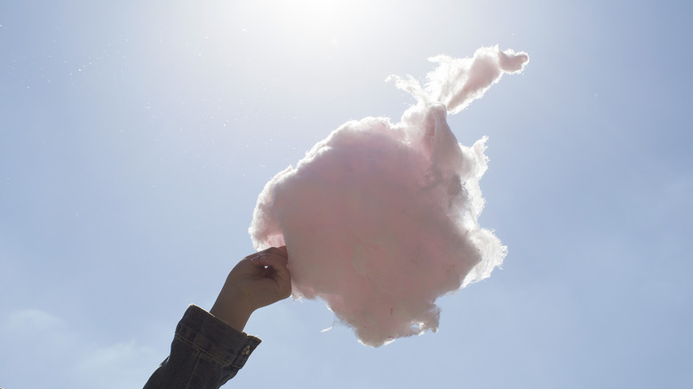 Hand holding cotton candy outdoors