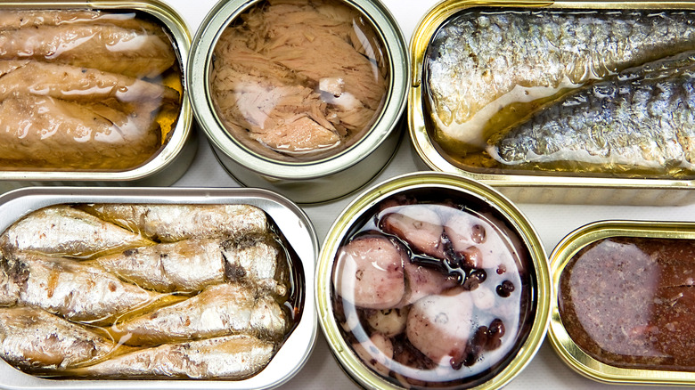 Various types of canned fish overhead view