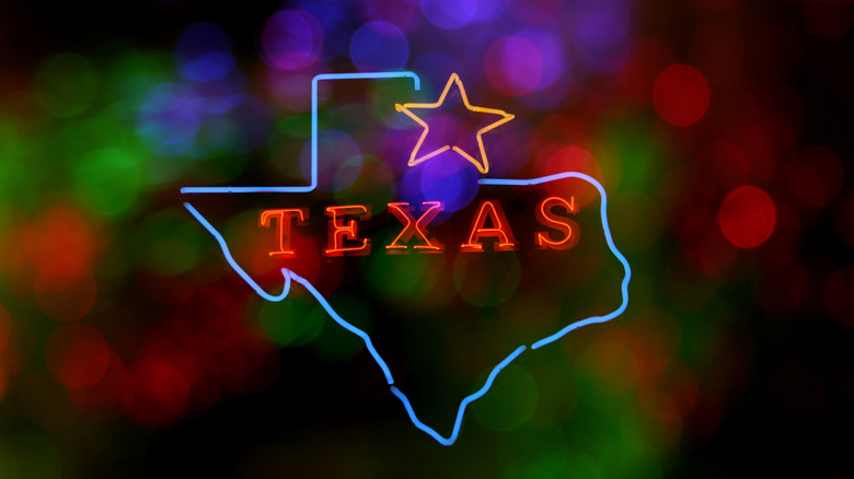 Neon sign in the shape of Texas with the state name and a lone star