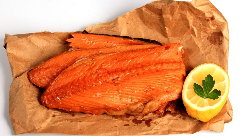 hot-smoked salmon on paper bag