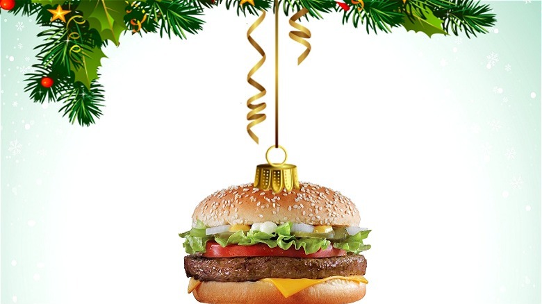 Burger hanging from Christmas tree