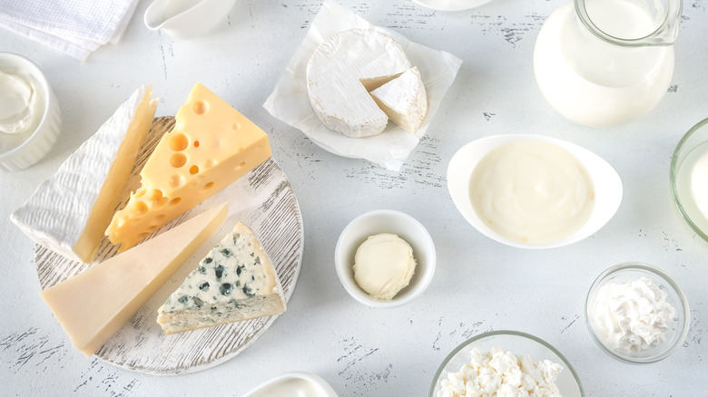 Assortment of cheeses arranged on table