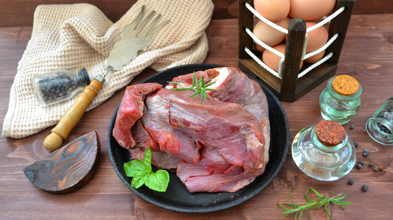 Raw moose meat on table