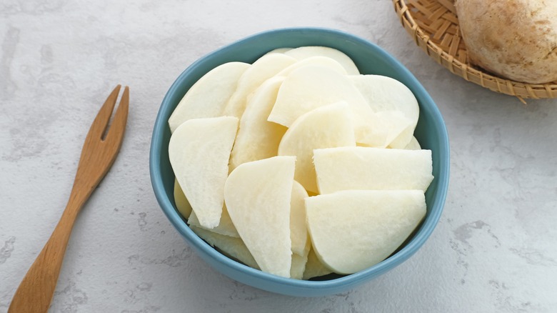 Sliced jicama in bowl