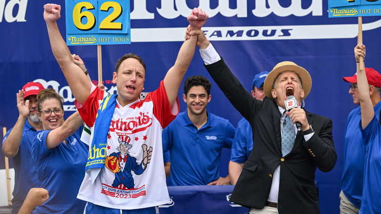 Joey Chestnut celebrating his 2023 win