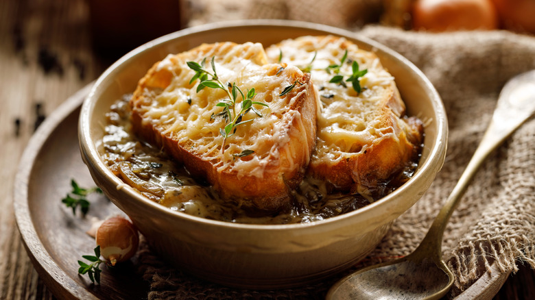 french onion soup topped with bread