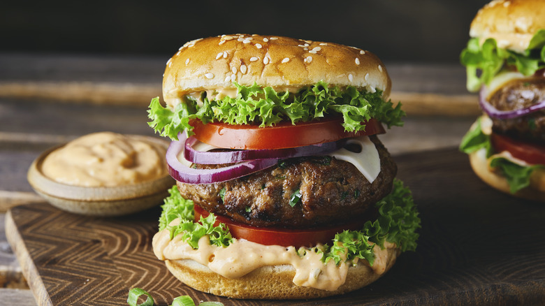 Homemade gourmet burger with toppings