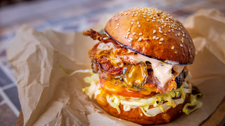 Burger with parchment paper