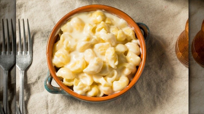 Mac and cheese in crock bowl