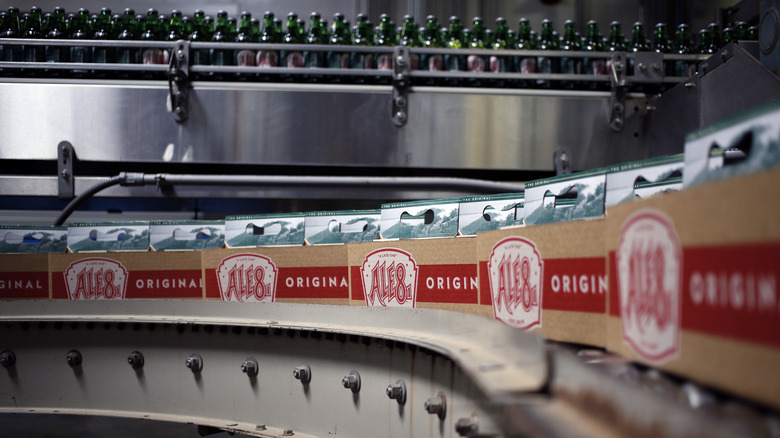 Ale-8-One soda being bottled in a manufacturing plant