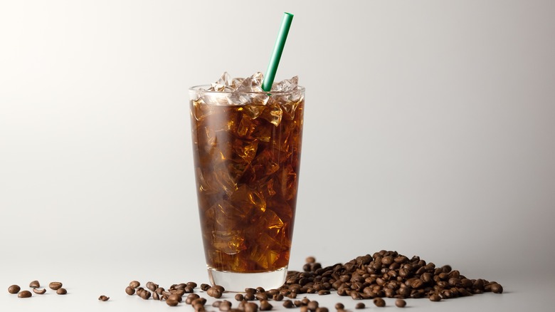 Iced coffee with coffee beans