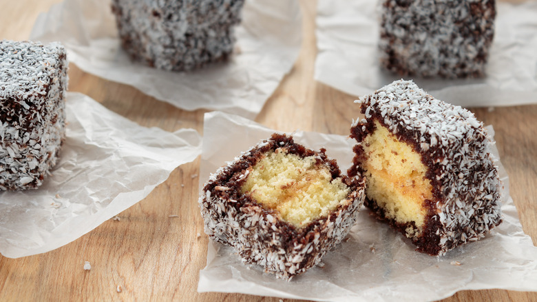 Lamingtons on parchment paper