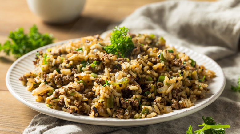 Cajun dirty rice on a plate