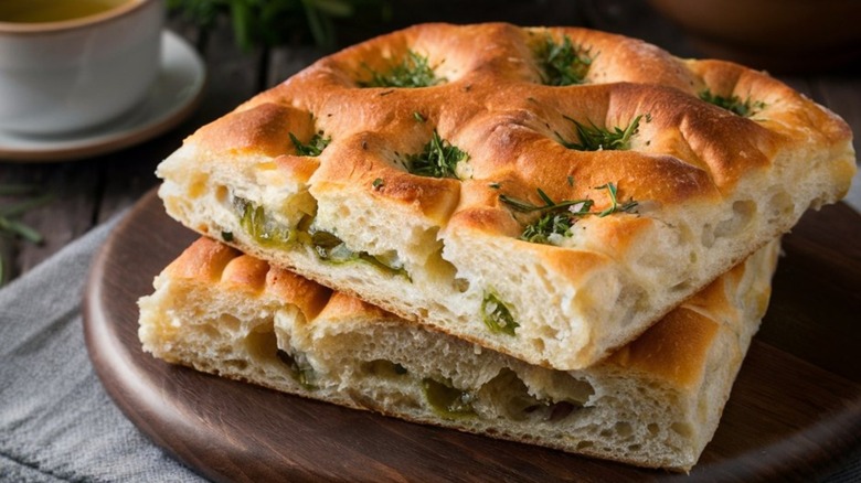 Focaccia on wooden platter