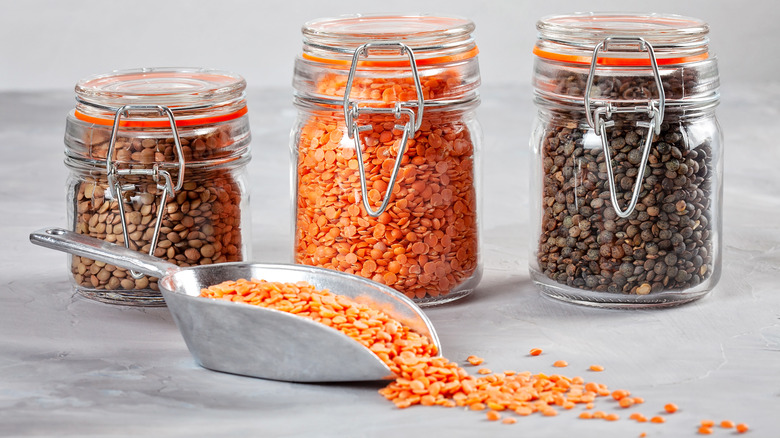 Jars of different lentil varietals.