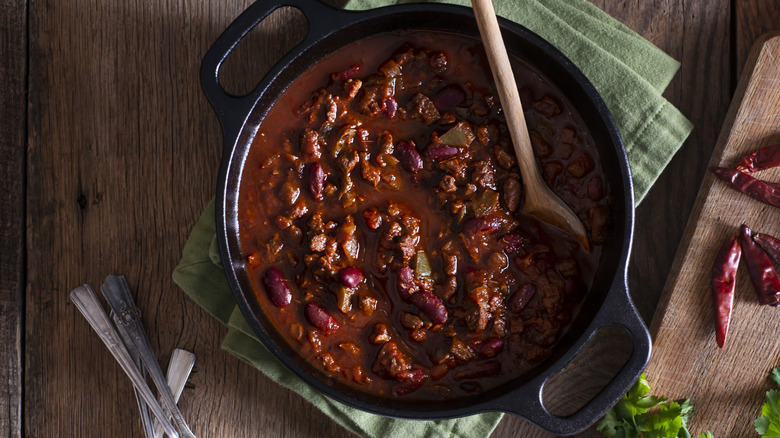 Pot of chili on counter