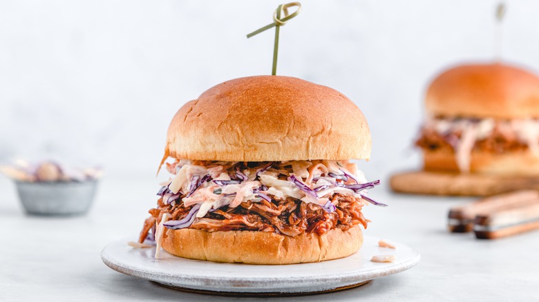 Coleslaw on pulled pork sandwich