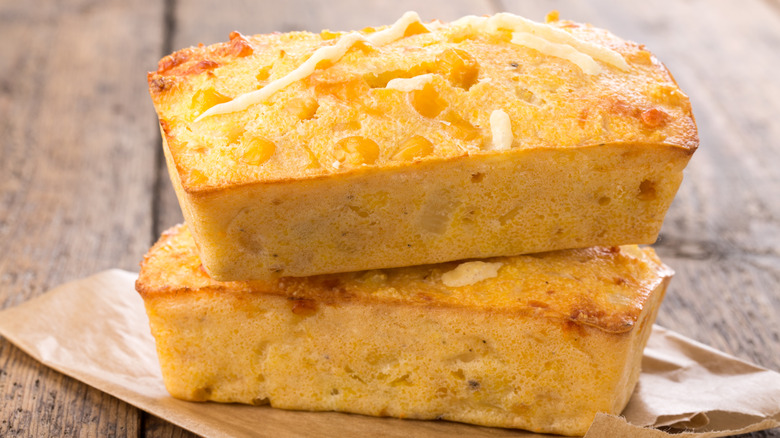 Two mini loaves of cornbread stacked