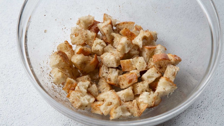 Croutons in a clear bowl