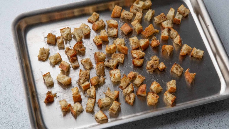 Croutons on a baking sheet