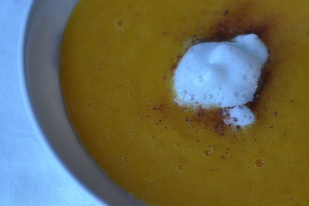 Low-Fat Butternut Squash Soup with Maple Syrup Froth and Cinnamon Recipe