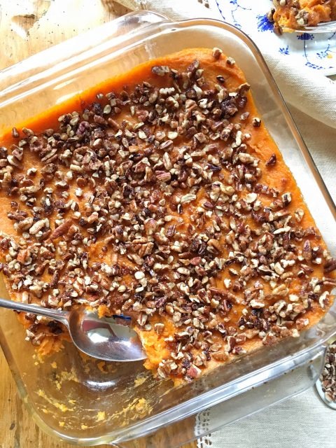 Pecan Topped, Slightly-Sweet Sweet Potato Casserole 