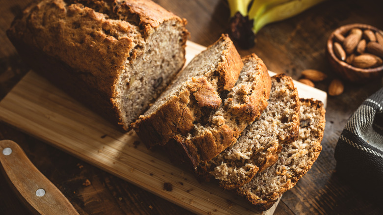 banana bread slice on cutting board