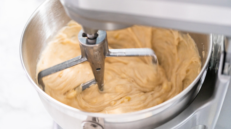 mixing banana bread in stand mixer