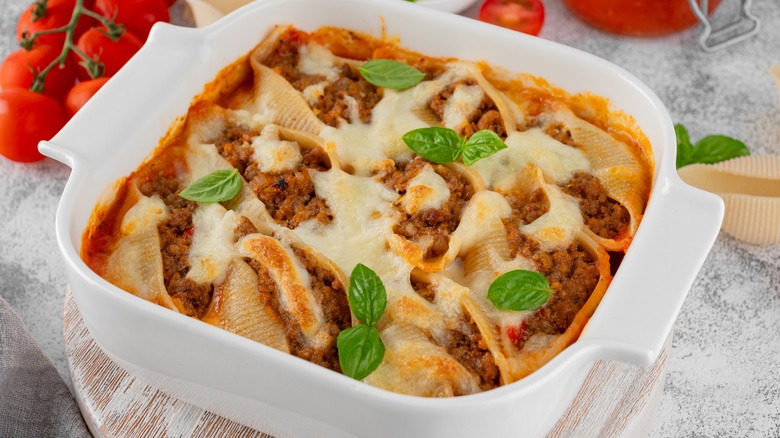 A casserole dish of stuffed shells