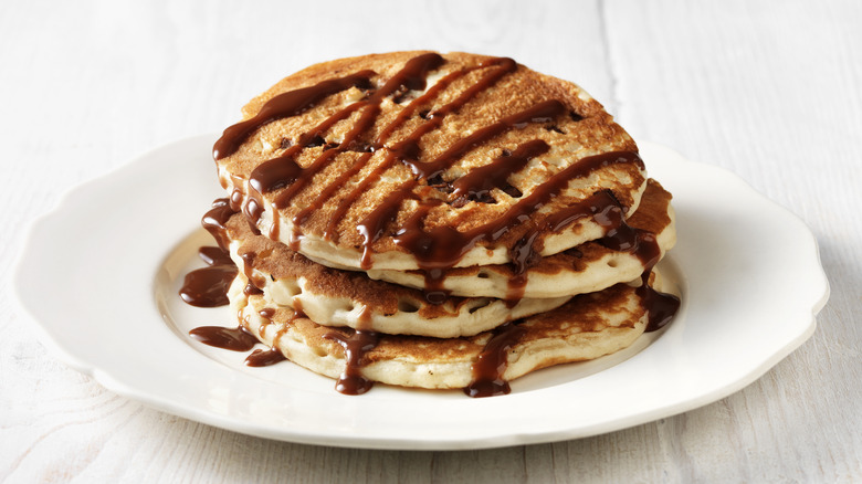 Pancakes drizzled with chocolate