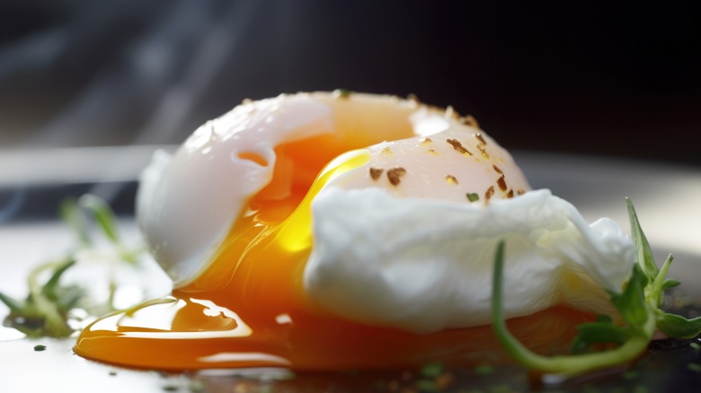 Close-up pierced poached egg runny yolk