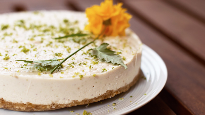 Vegan no-bake cheesecake garnished with flower