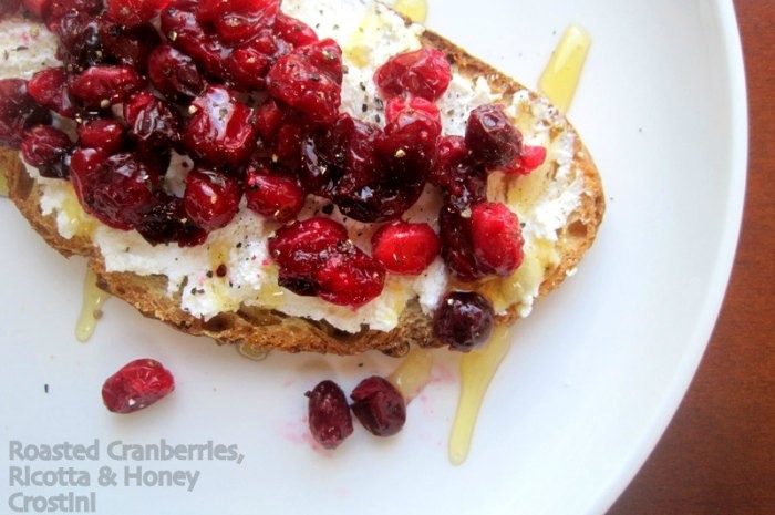 Roasted Cranberries, Ricotta, and Honey Crostini