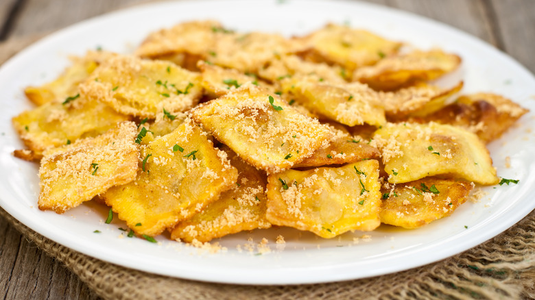 Toasted ravioli in a dish