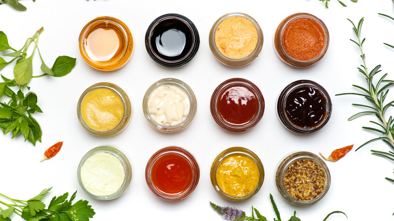 different sauces and spreads in small bowls