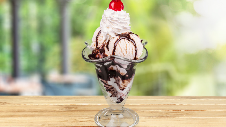 Hot fudge sundae outdoors