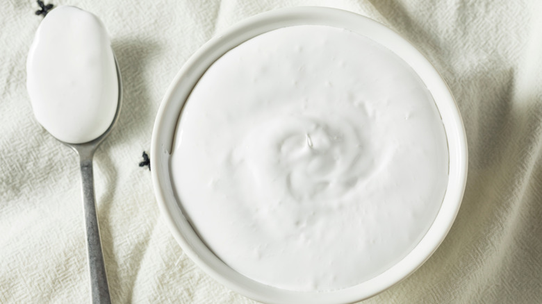 Marshmallow fluff in white bowl