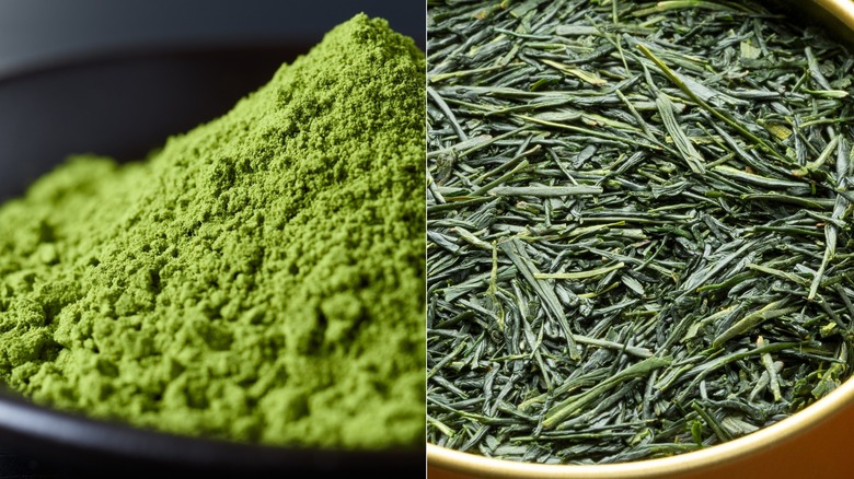 Matcha powder and sencha leaves