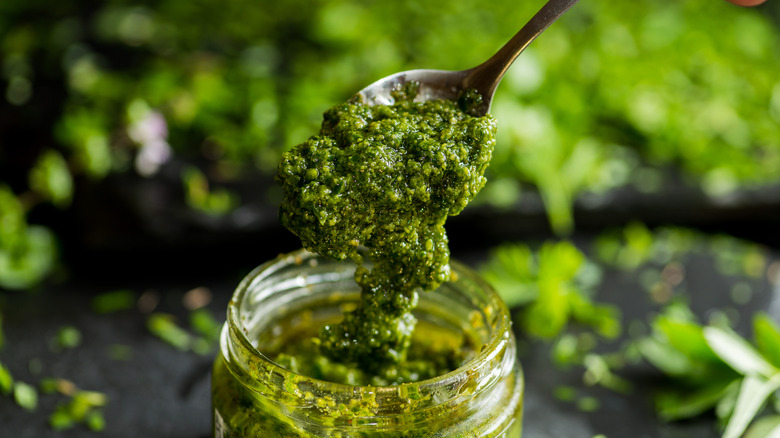 Jar of homemade basil pesto